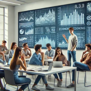 young people studying economics in a modern classroom. Financial graphs and economic formulas can be viewed on the blackboard, while students actively participate in the discussion.