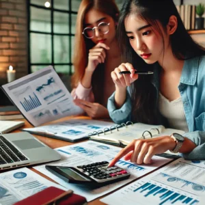 image of two young people concentrating on studying economics, analysing graphs and taking notes in a modern study environment.